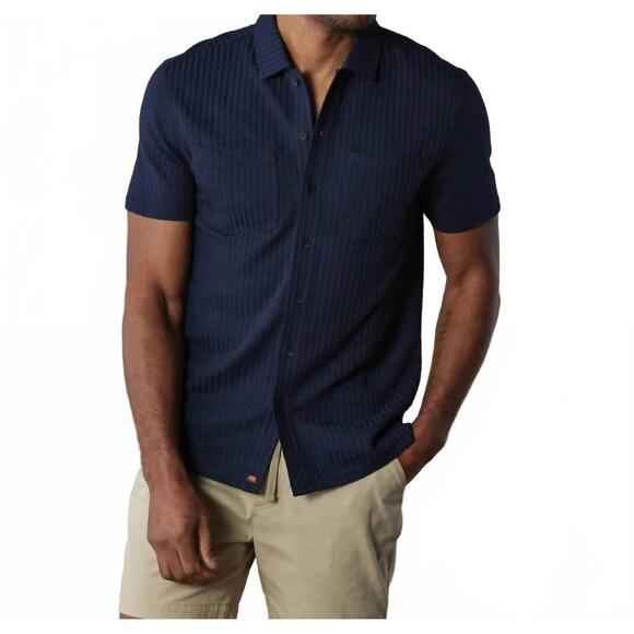 NEW THE NORMAL BRAND knit getaway button up shirt in navy